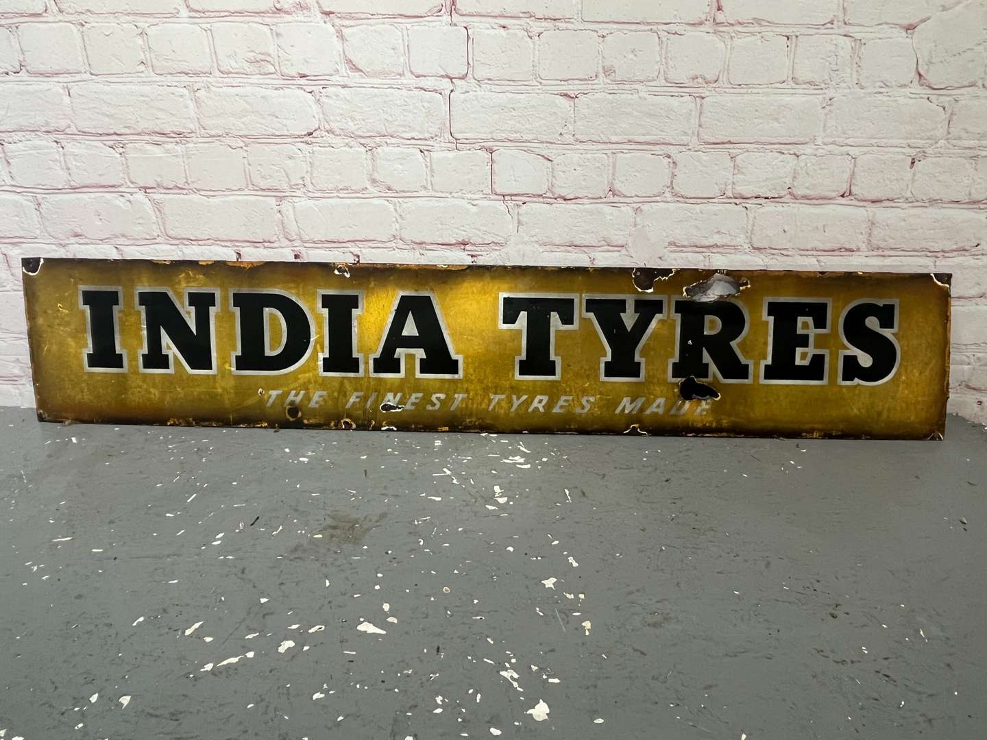 <p>India Tyres “The Finest Tyres Made” Enamel Sign</p>