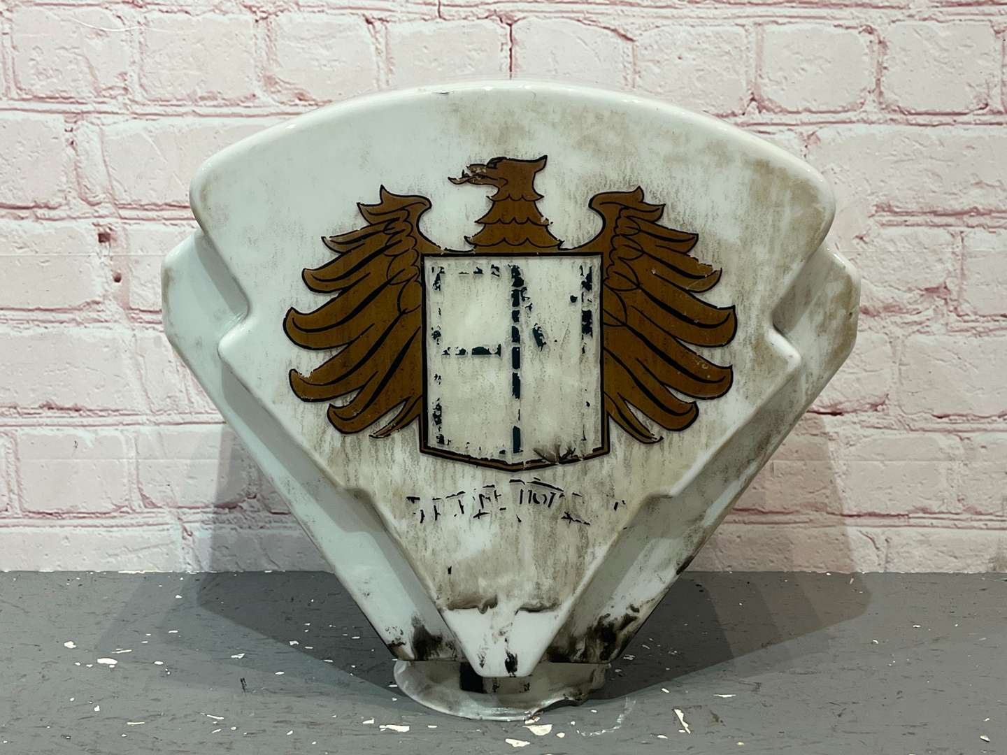 <p>EM Initialled Within an Eagle Emblem, Original Glass Petrol Pump Globe</p>