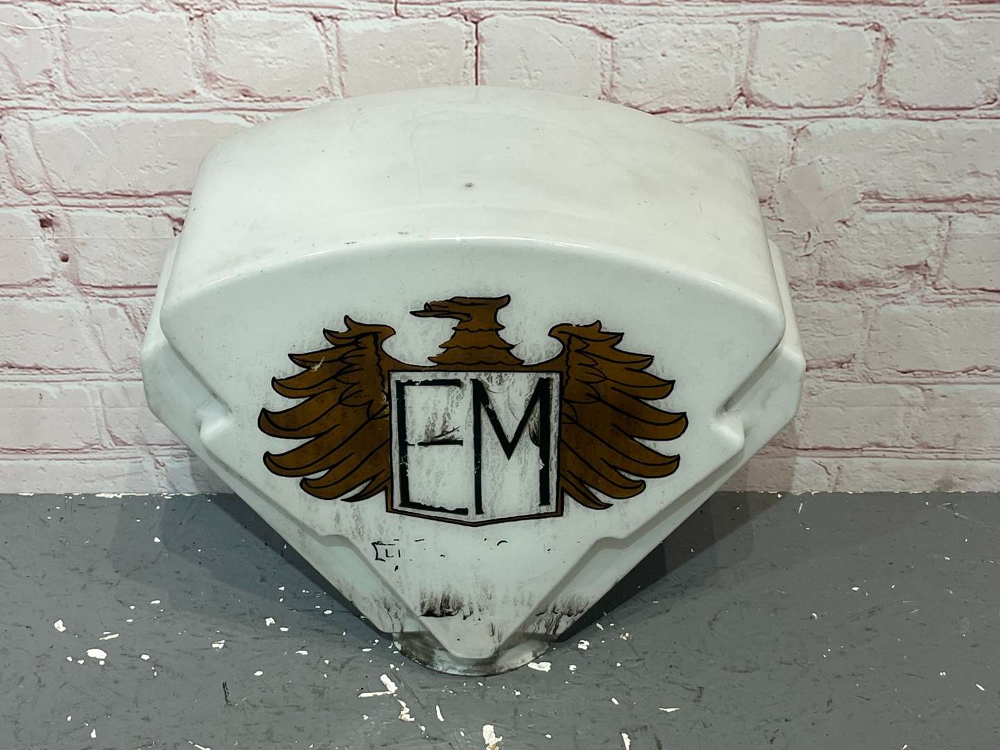 <p>EM Initialled Within an Eagle Emblem, Original Glass Petrol Pump Globe</p>