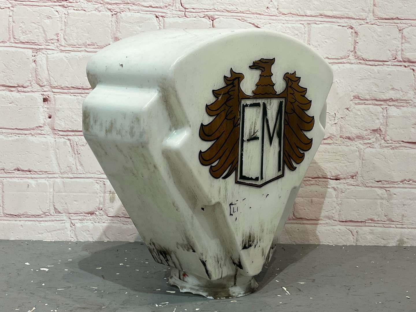 <p>EM Initialled Within an Eagle Emblem, Original Glass Petrol Pump Globe</p>