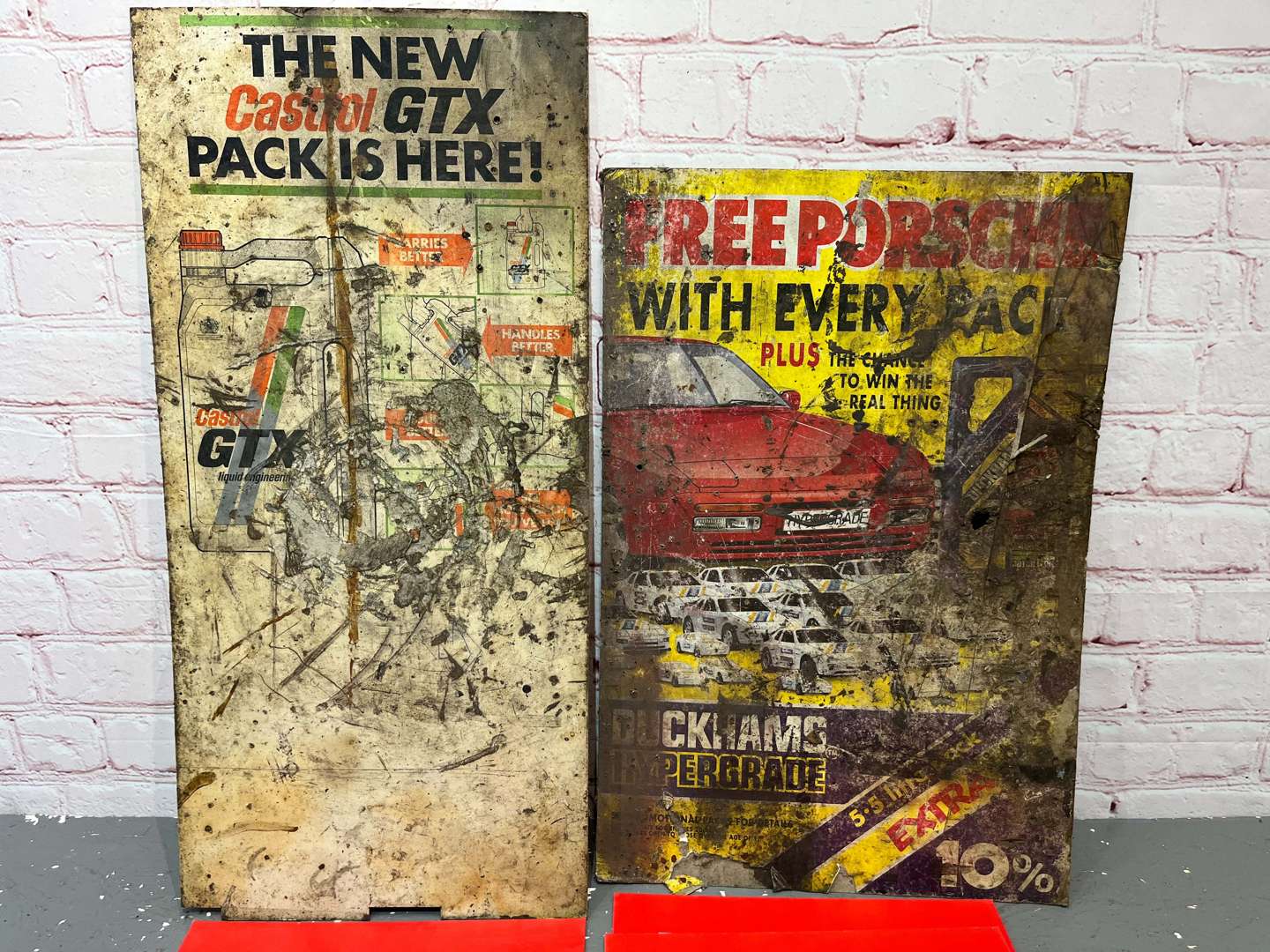 <p>Castrol GTX, Duckham Hypergrade & 12 Champion Spark Plug Cardboard Signs</p>