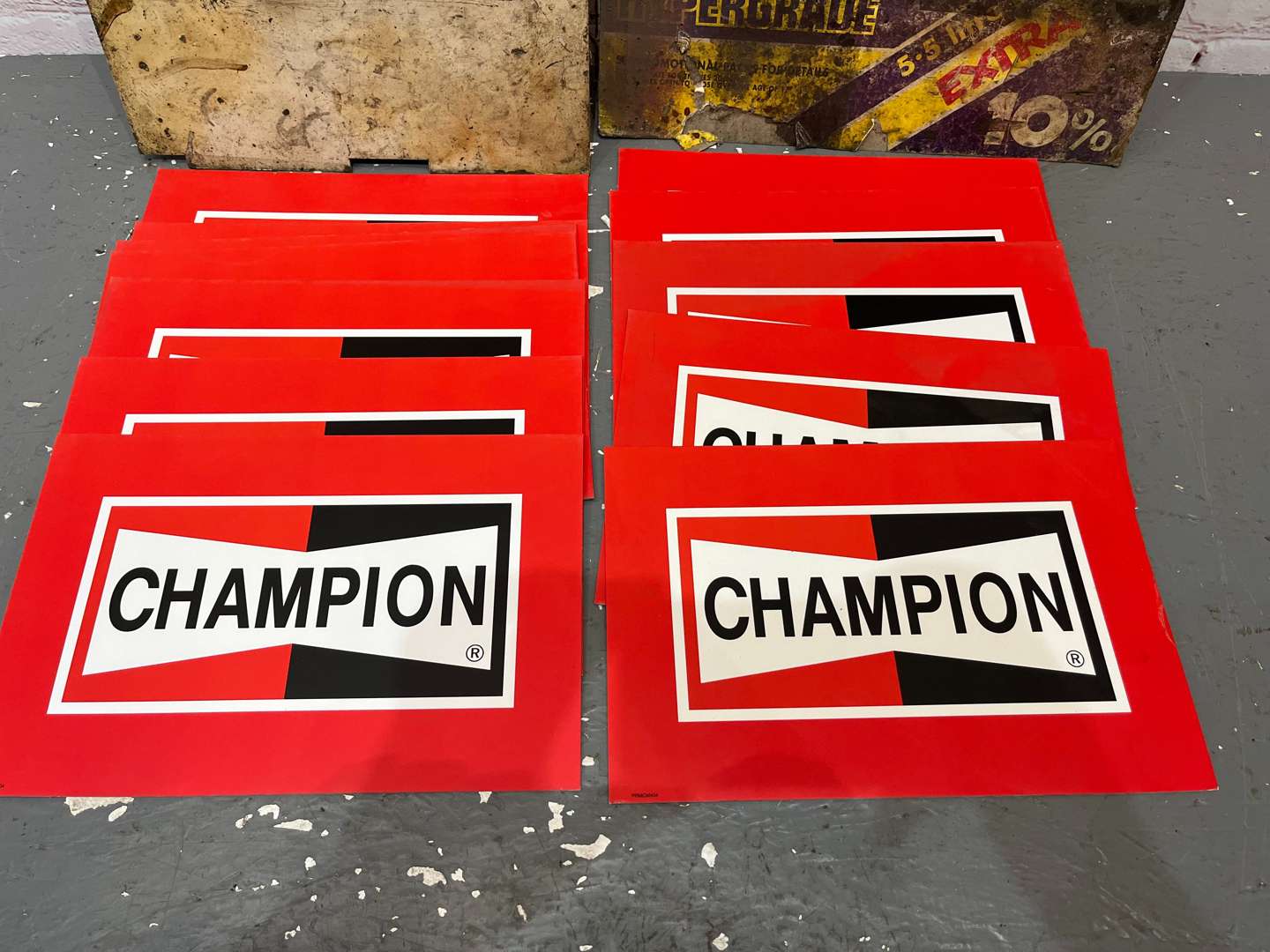 <p>Castrol GTX, Duckham Hypergrade & 12 Champion Spark Plug Cardboard Signs</p>