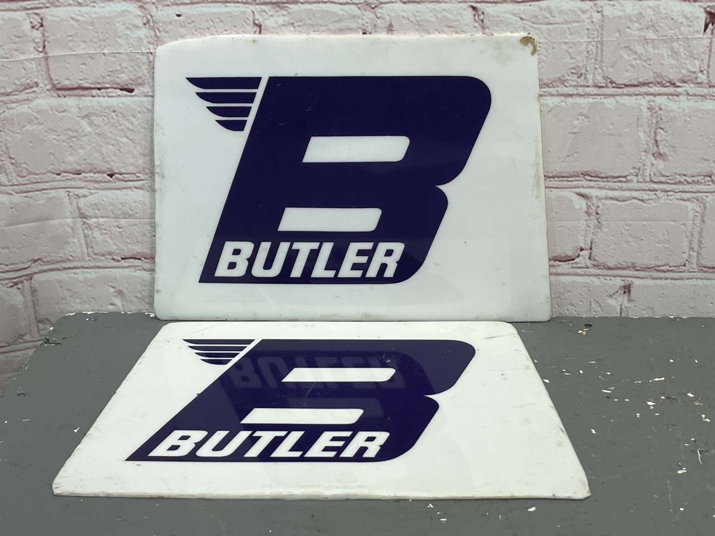 <p>Two Butler Petrol Pump Perspex Globe Faces&nbsp;</p>