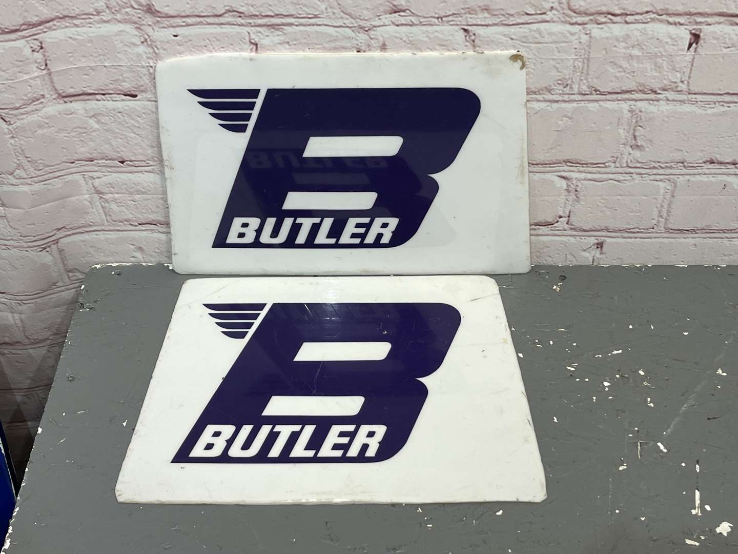 <p>Two Butler Petrol Pump Perspex Globe Faces&nbsp;</p>