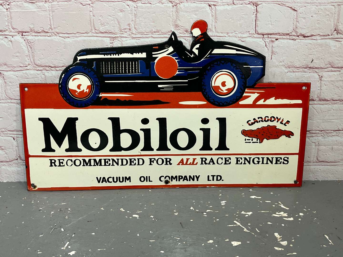 <p>Mobiloil Gargoyle “Recommended For All Race Engines” Enamel Sign</p>